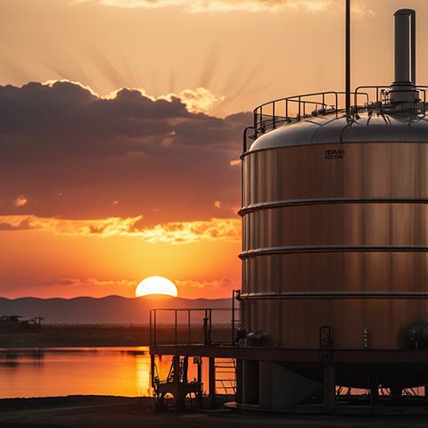 crude oil tank with rising sun