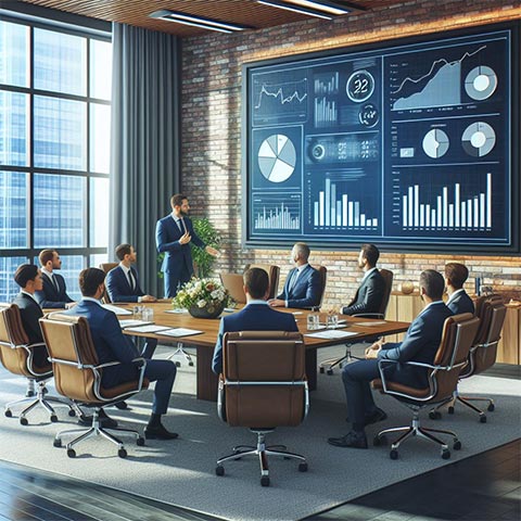 manager meeting about company charts on the wall