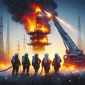 Firefighter on a burning oil tower