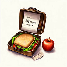Lunchbox with apple, sandwich and a note