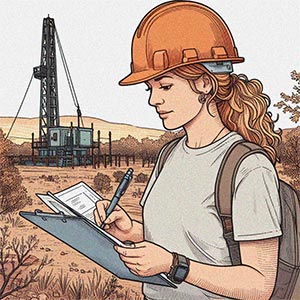 Maren with helmet and notice in a barren area and a small drill tower in the background
