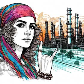 Rocker woman with headscarf and refinery in the background