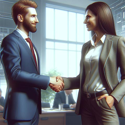 Two manager shake hands. One women, one man